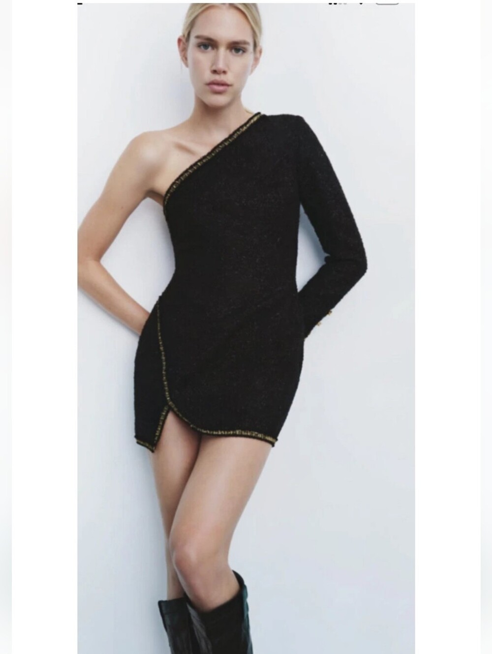 Zara One-Shoulder Black Mini Dress with Gold Trim Detail NWT SIZE L